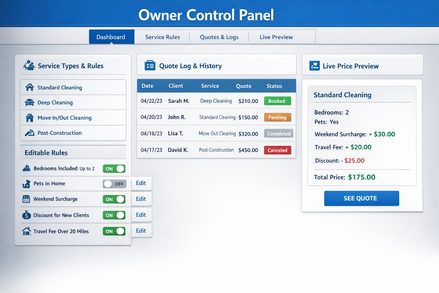 Owner Control Panel showing service rules, quote log, and live price preview