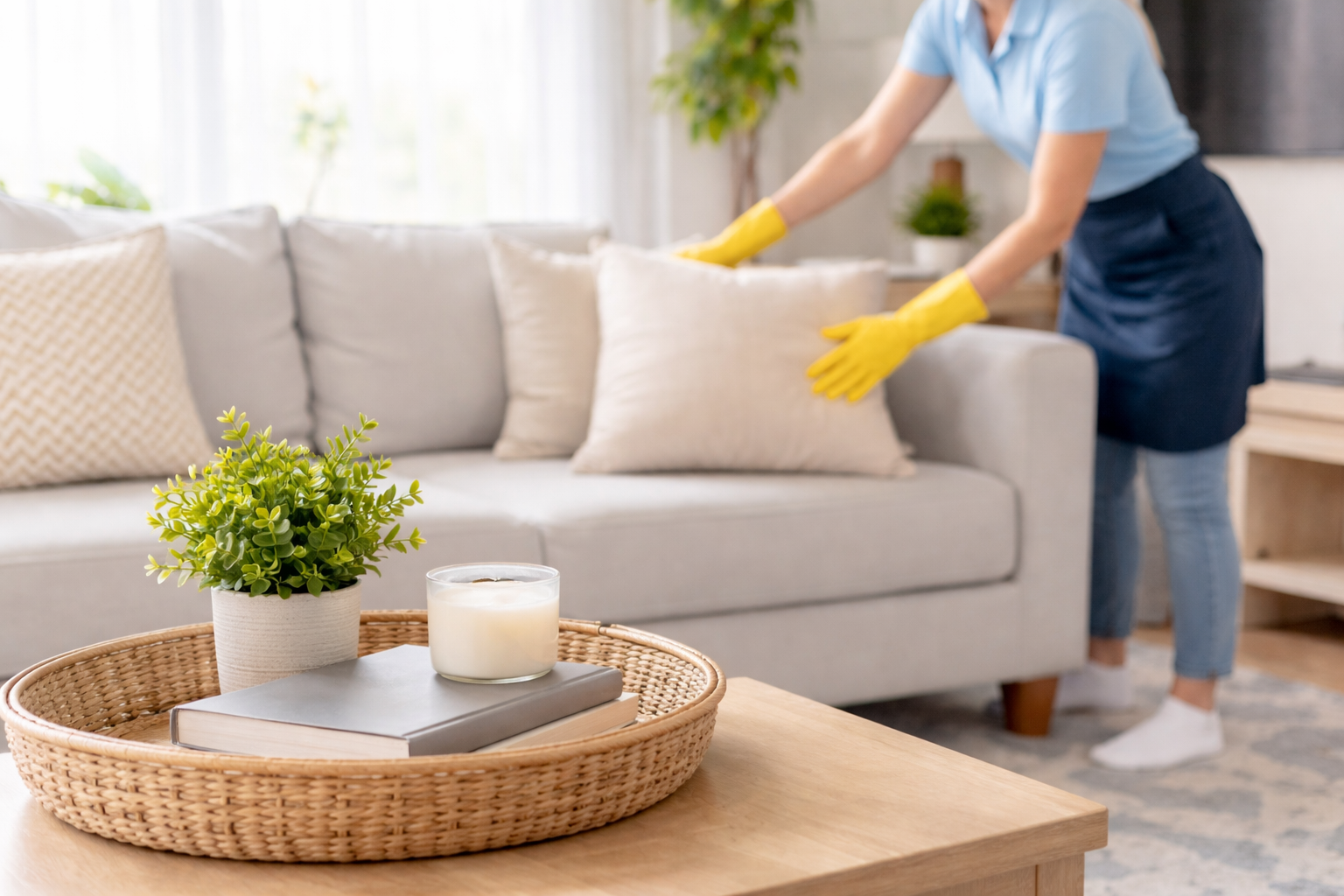 Residential cleaning in a bright living room